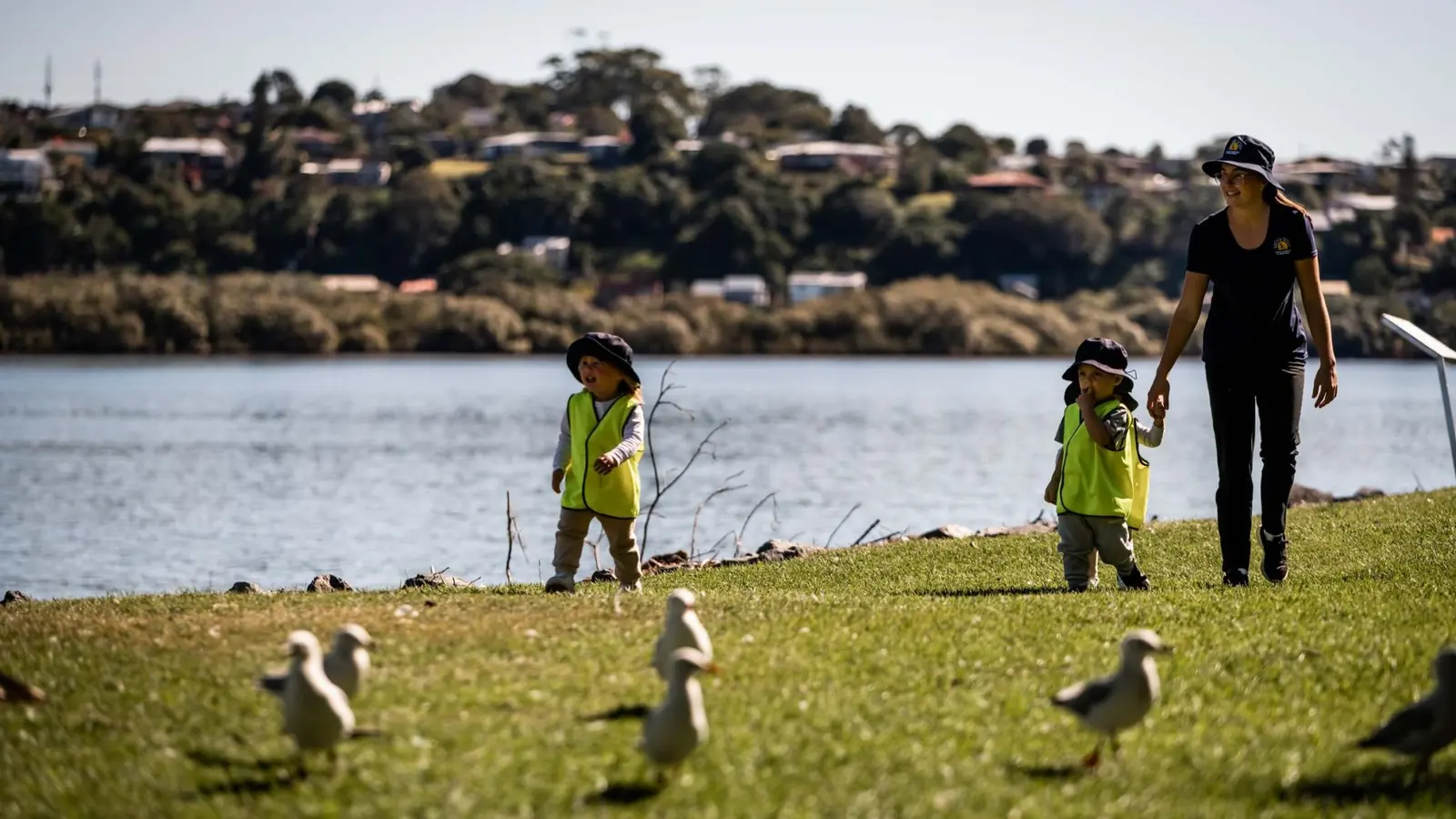 Children watching birds on the riverbank during an excursion
