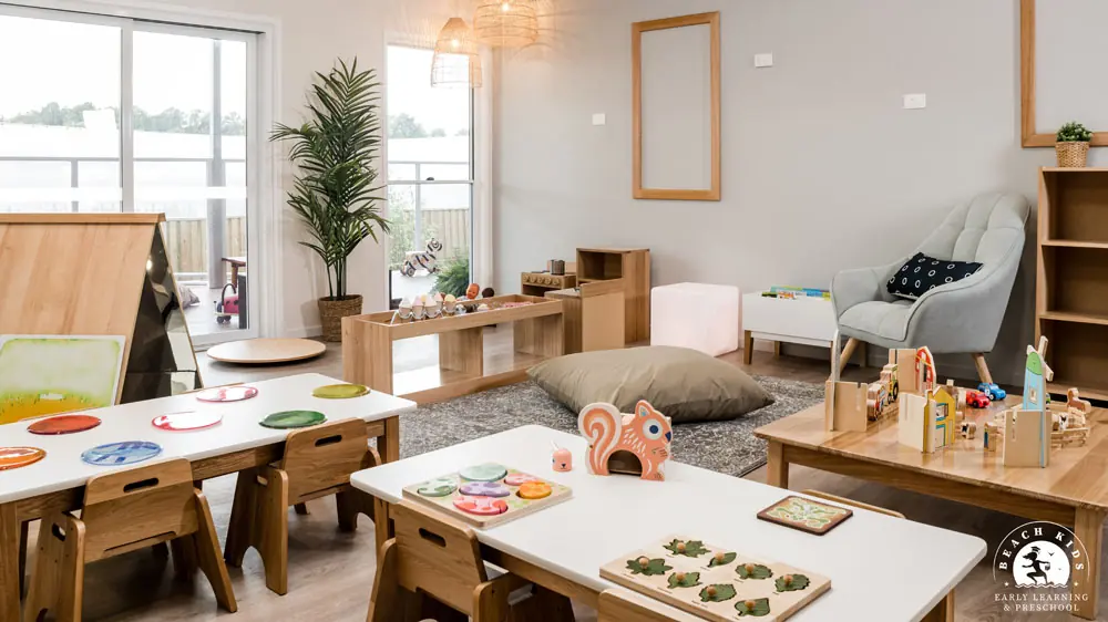 The art studio at Beach Kids Cabarita with timber tables and natural light